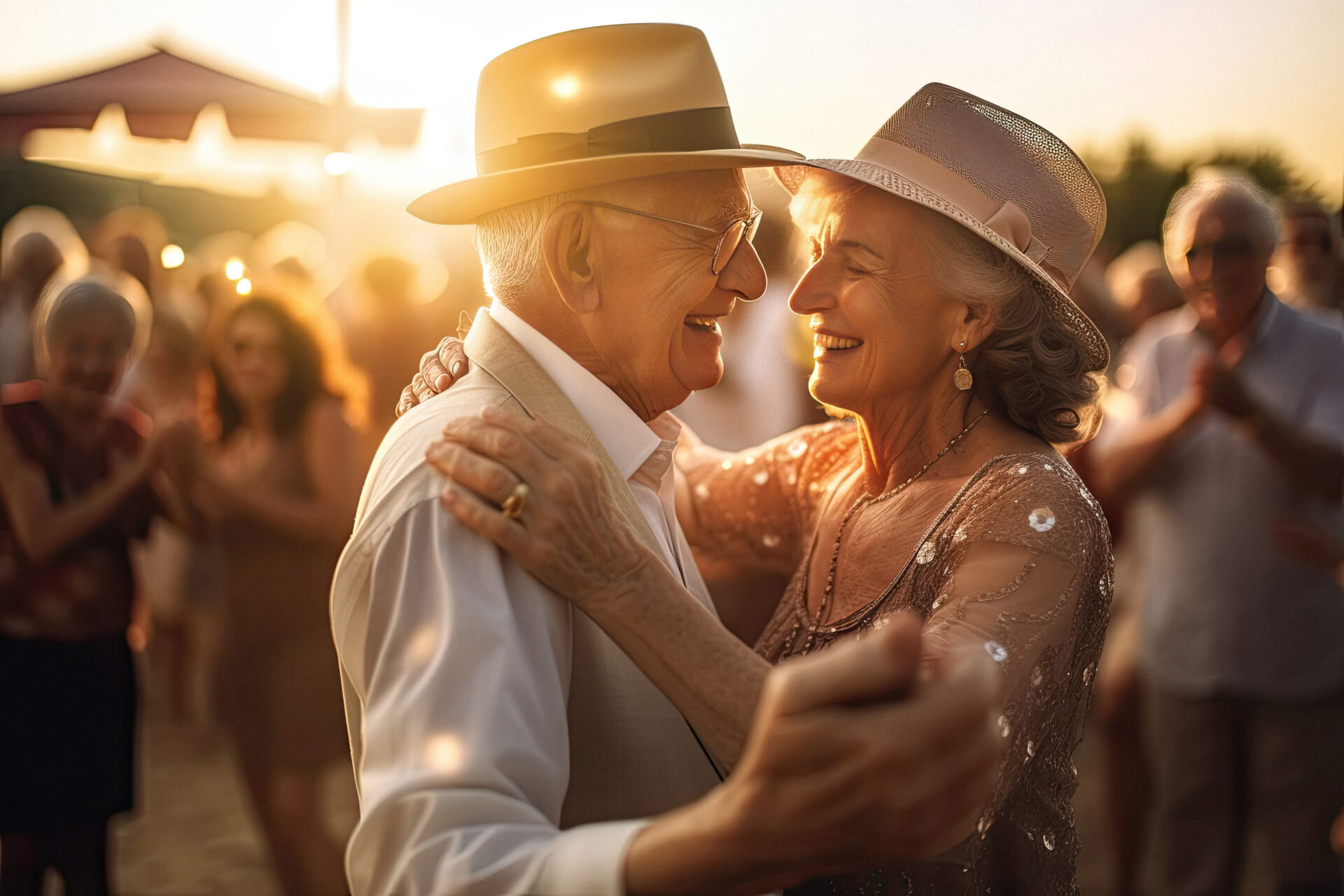 Happy dancing romantic loving old couple at the wedding created with Generative AI technology